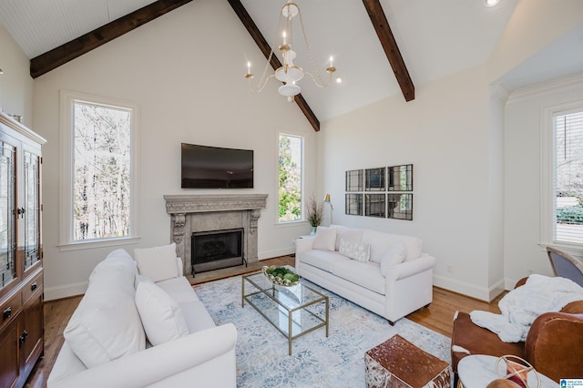 living area featuring baseboards, a premium fireplace, wood finished floors, high vaulted ceiling, and beam ceiling