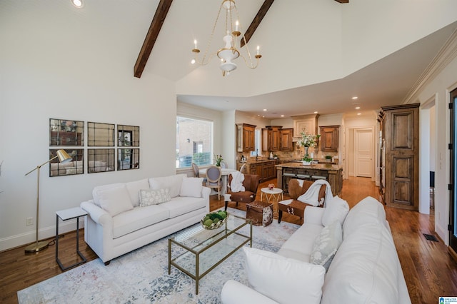 living room featuring high vaulted ceiling, beam ceiling, and wood finished floors