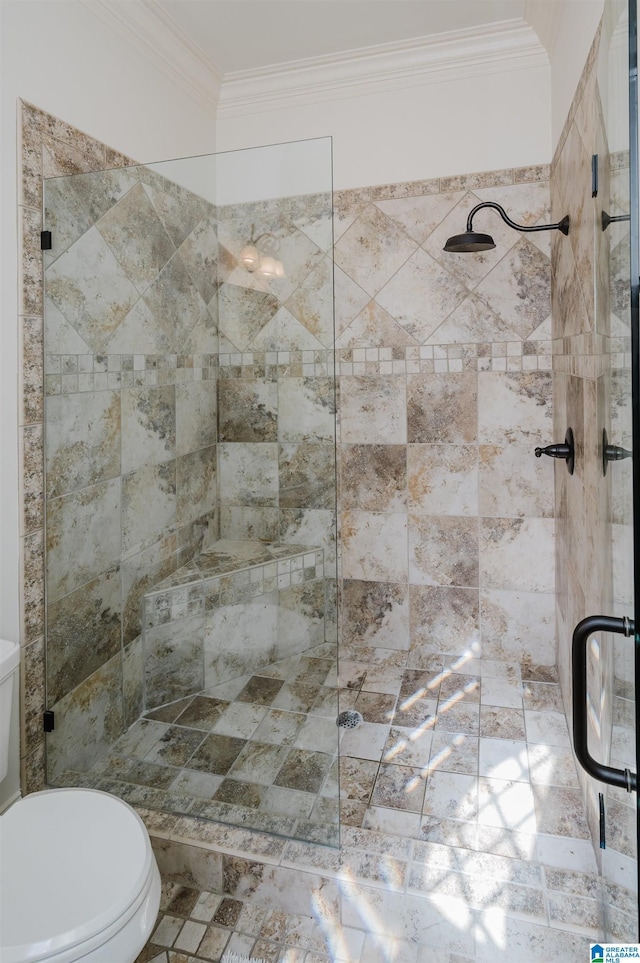 full bathroom featuring ornamental molding, a stall shower, and toilet