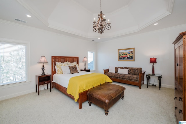 bedroom with ornamental molding, visible vents, and light colored carpet