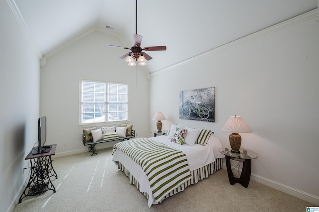 bedroom with lofted ceiling, carpet floors, visible vents, a ceiling fan, and baseboards