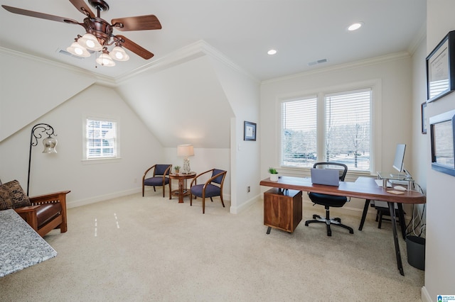 office area with ornamental molding, carpet flooring, visible vents, and baseboards