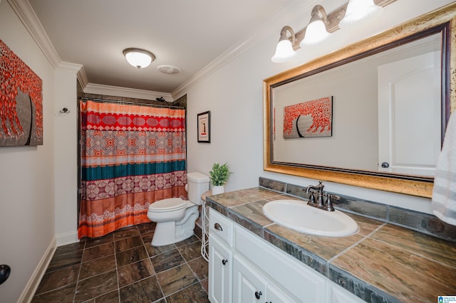 full bathroom with ornamental molding, vanity, toilet, and baseboards