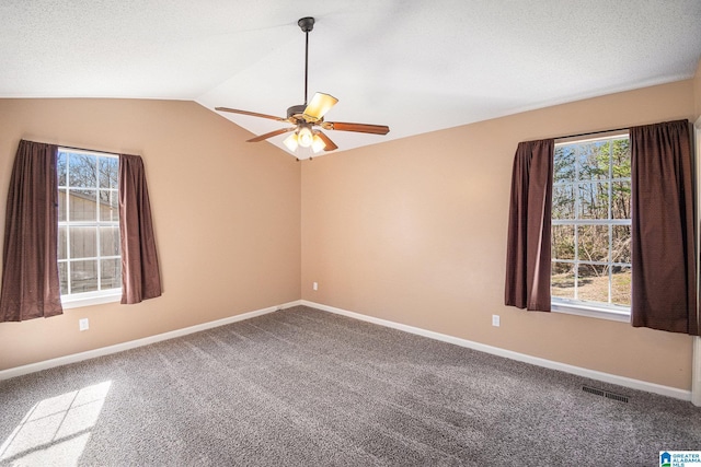 carpeted spare room featuring a wealth of natural light, lofted ceiling, and baseboards