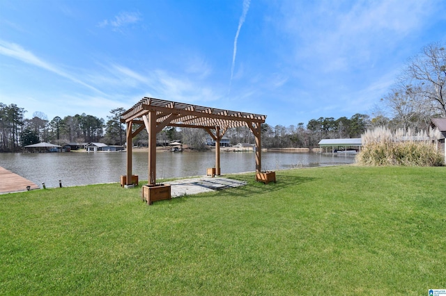 view of dock featuring a water view, a pergola, and a lawn