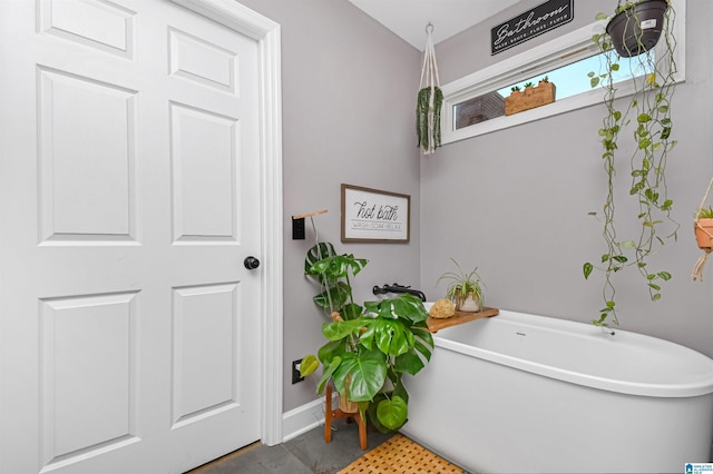 bathroom with baseboards and a freestanding bath