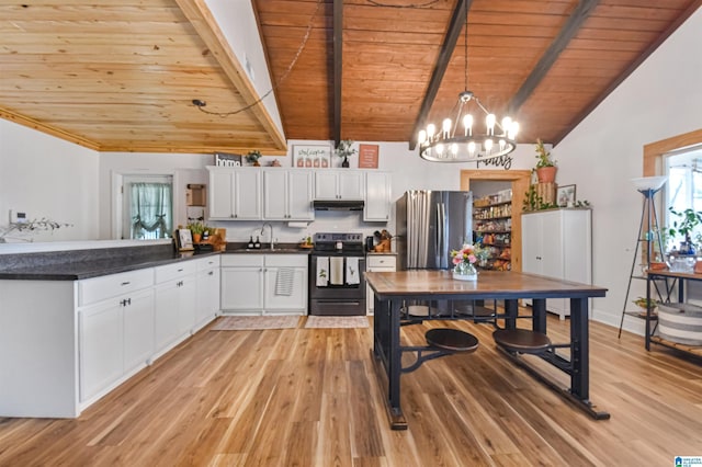 kitchen featuring dark countertops, freestanding refrigerator, a sink, under cabinet range hood, and black / electric stove