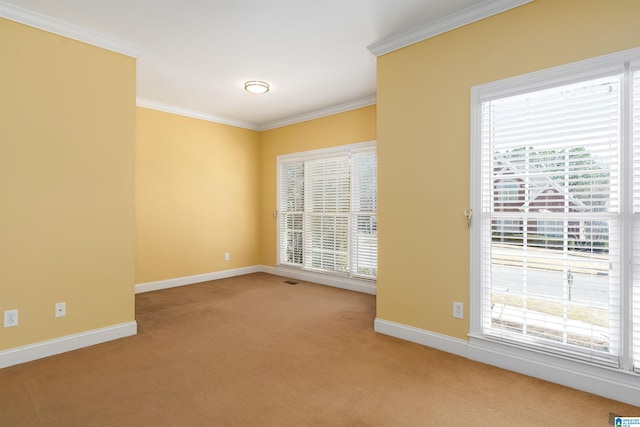 carpeted empty room featuring baseboards and crown molding