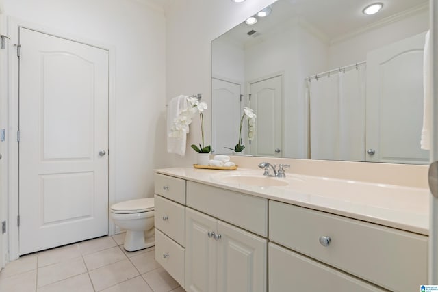 full bathroom with toilet, visible vents, vanity, ornamental molding, and tile patterned floors