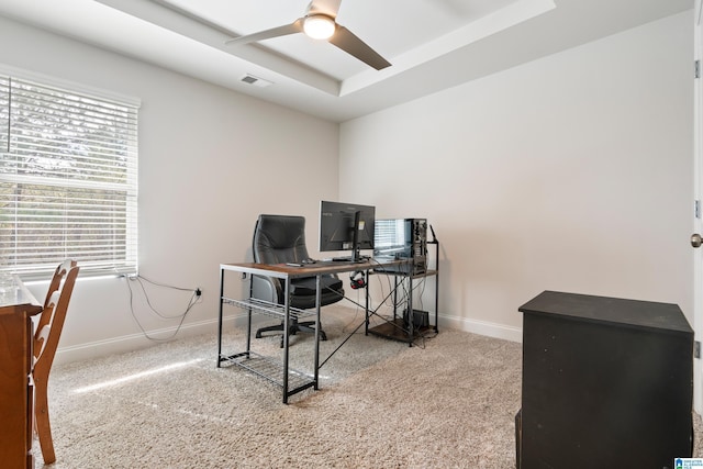 office area featuring baseboards, visible vents, a tray ceiling, ceiling fan, and carpet flooring