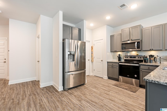 kitchen featuring gray cabinetry, light wood finished floors, and stainless steel appliances