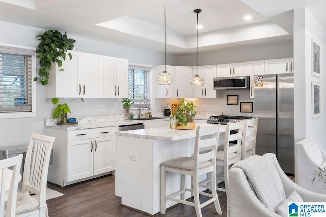 kitchen featuring stainless steel appliances, pendant lighting, white cabinetry, and a sink