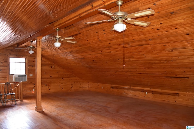 bonus room featuring lofted ceiling, wood finished floors, wood ceiling, and wooden walls