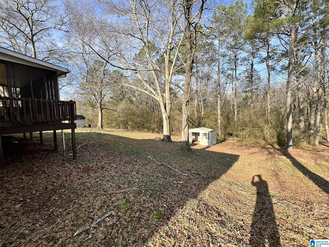 view of yard with an outbuilding, a storage unit, and a sunroom