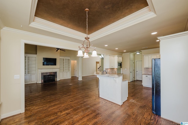 kitchen featuring light stone counters, a fireplace, white cabinetry, open floor plan, and a tray ceiling