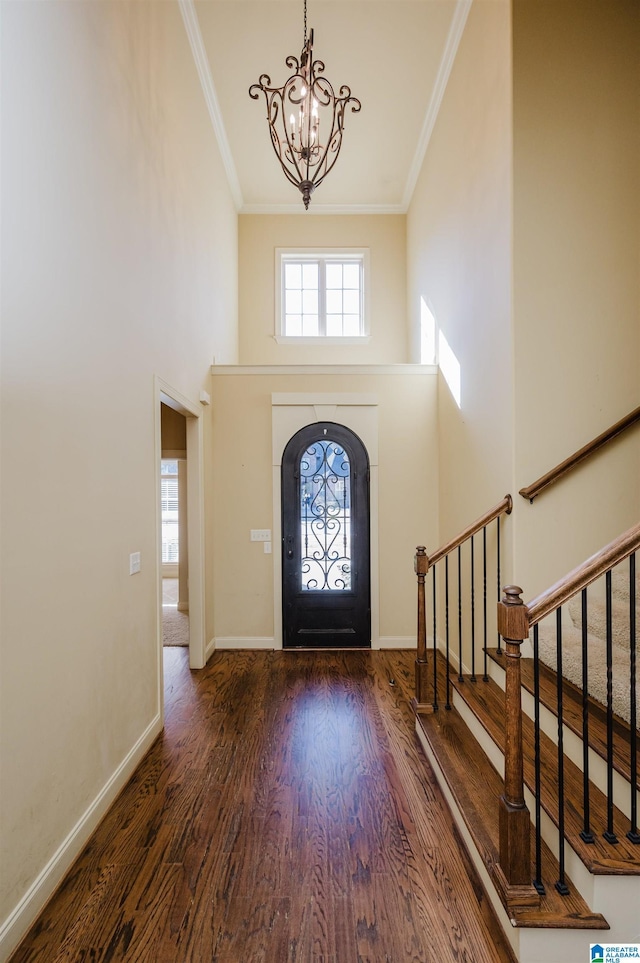 entrance foyer featuring ornamental molding, a healthy amount of sunlight, baseboards, and wood finished floors