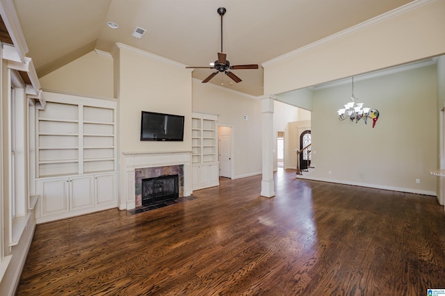 unfurnished living room featuring wood finished floors, visible vents, a high end fireplace, a ceiling fan, and crown molding