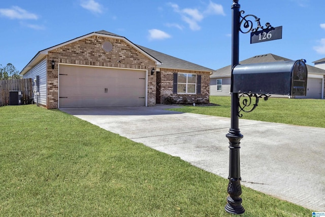 ranch-style house with concrete driveway, brick siding, and a front yard