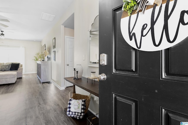 entrance foyer featuring ceiling fan, baseboards, and wood finished floors