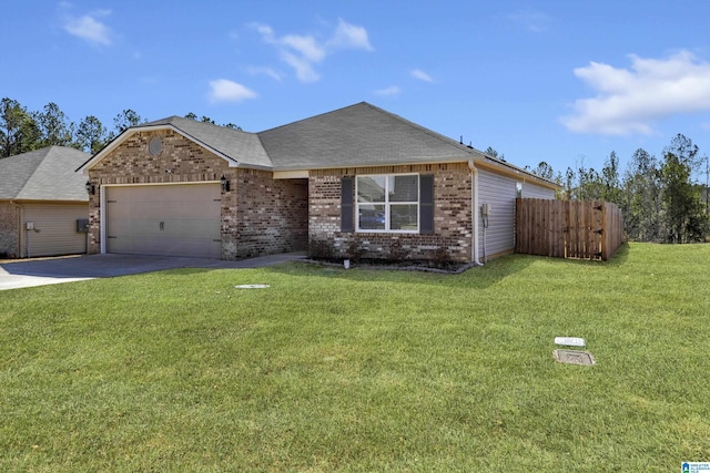 view of front of property featuring an attached garage, brick siding, fence, driveway, and a front lawn