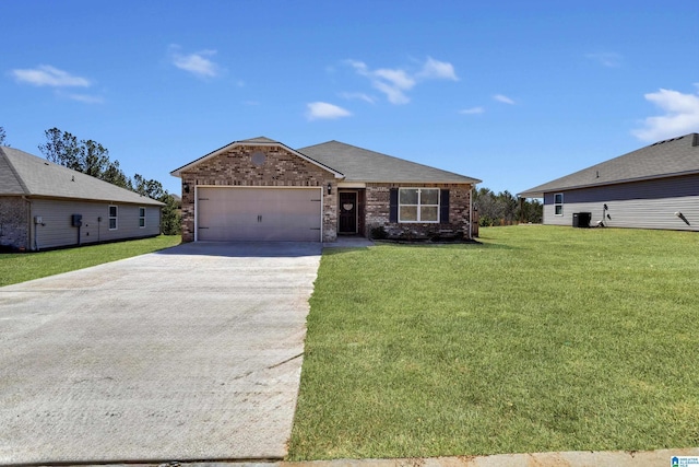 ranch-style house featuring a garage, concrete driveway, brick siding, and a front lawn