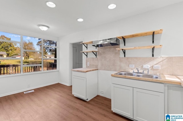 kitchen featuring open shelves, decorative backsplash, a sink, wood finished floors, and extractor fan