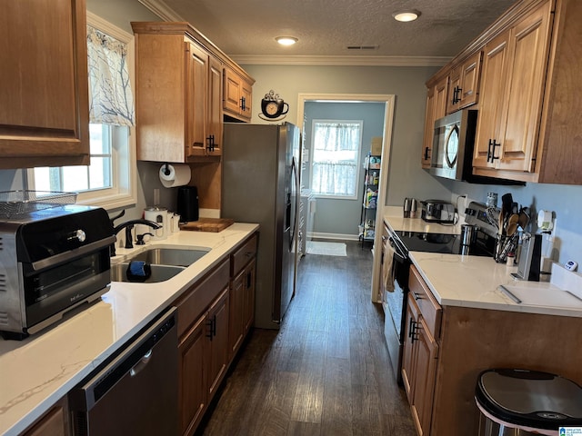 kitchen featuring dark wood-style flooring, appliances with stainless steel finishes, ornamental molding, a sink, and a textured ceiling