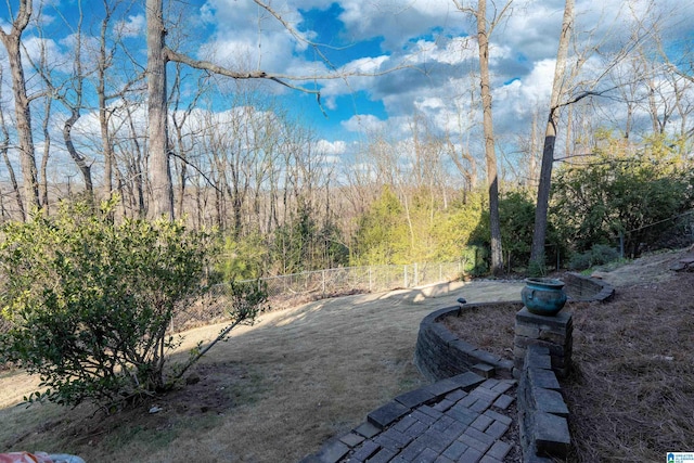 view of yard with fence and a view of trees