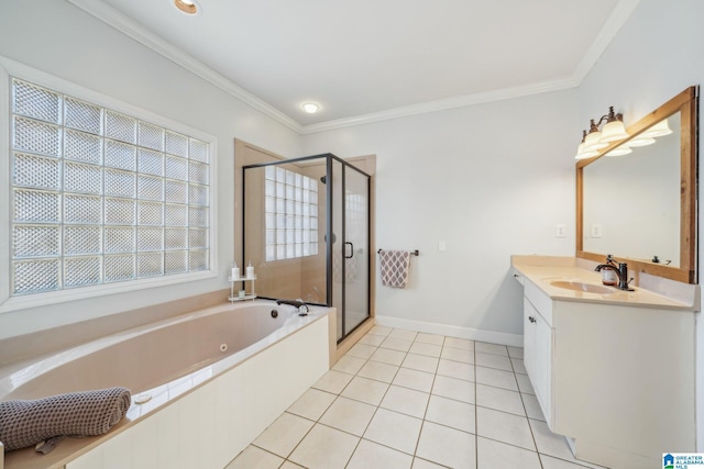 bathroom with a shower stall, vanity, crown molding, and tile patterned floors