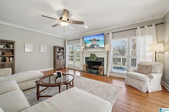 living room with ornamental molding, wood finished floors, baseboards, and a premium fireplace