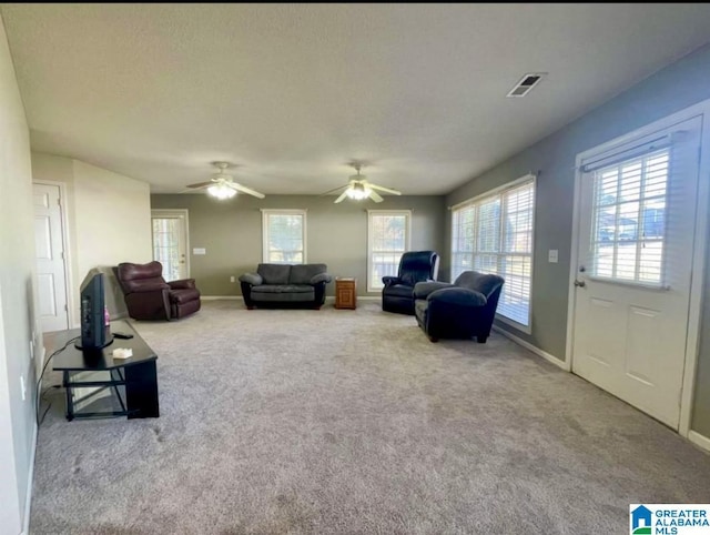 171 Alabaster Dr, Winfield, AL 35594 - living area featuring a textured ceiling, carpet floors, visible vents, and baseboards