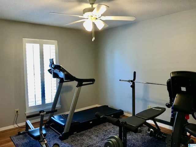 exercise area featuring baseboards, plenty of natural light, wood finished floors, and a ceiling fan