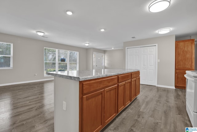 kitchen featuring dark wood-style floors, white electric range, and a healthy amount of sunlight