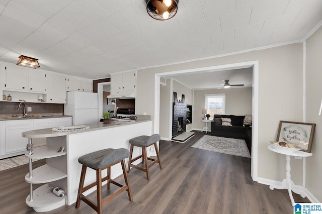 kitchen featuring dark wood-style floors, open shelves, freestanding refrigerator, white cabinets, and a sink