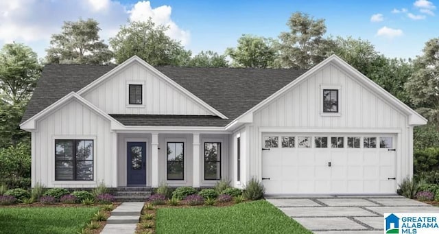 modern inspired farmhouse featuring an attached garage, driveway, board and batten siding, and roof with shingles