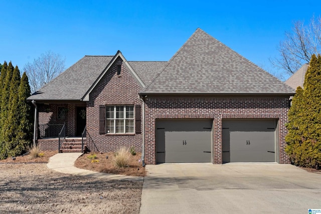 view of front of property featuring driveway, roof with shingles, an attached garage, a porch, and brick siding