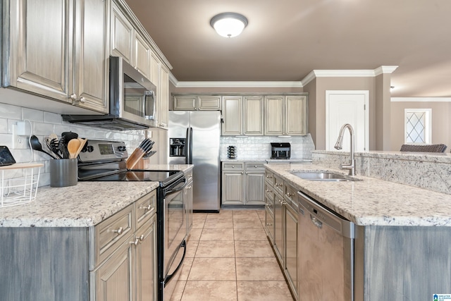 kitchen with crown molding, stainless steel appliances, backsplash, light tile patterned flooring, and a sink