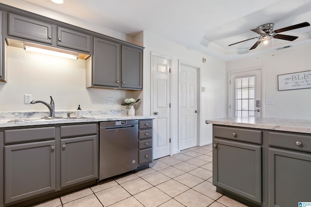 kitchen with a sink, visible vents, gray cabinets, and dishwasher