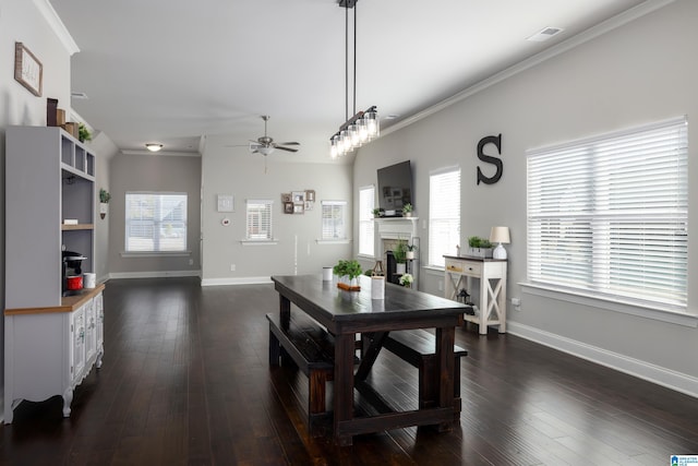 dining room featuring crown molding, a fireplace, visible vents, dark wood-type flooring, and baseboards