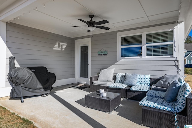 view of patio featuring outdoor lounge area, ceiling fan, and area for grilling