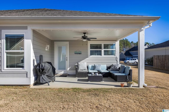 view of patio / terrace with ceiling fan, a grill, fence, and outdoor lounge area