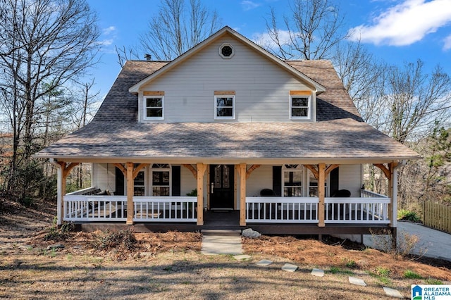 country-style home with a porch and roof with shingles