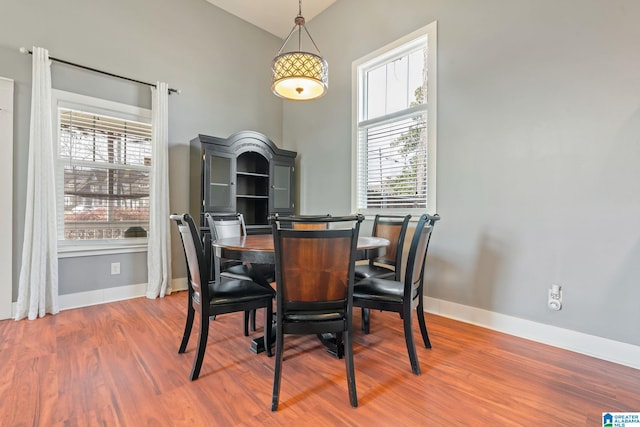 dining room featuring wood finished floors and baseboards