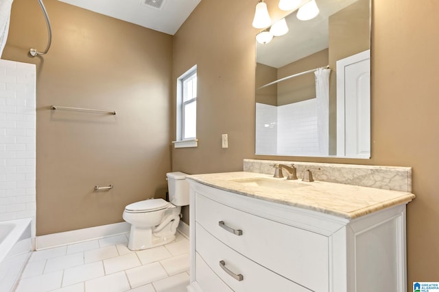 full bathroom with baseboards, visible vents, toilet, tile patterned flooring, and vanity