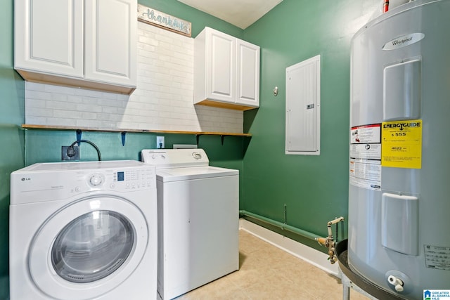 laundry room featuring electric water heater, baseboards, washer and dryer, cabinet space, and electric panel