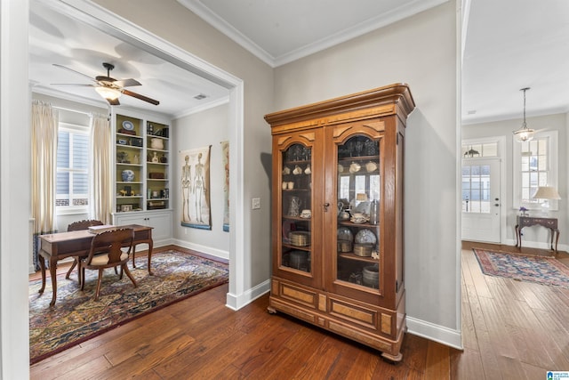 interior space with baseboards, dark wood finished floors, a wealth of natural light, and crown molding