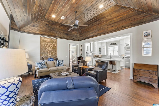 living room with lofted ceiling, wood-type flooring, wood ceiling, and a ceiling fan