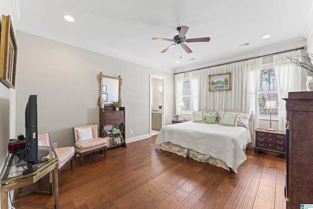 bedroom featuring recessed lighting, visible vents, baseboards, wood-type flooring, and crown molding