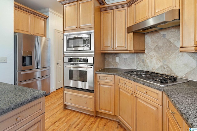 kitchen featuring light wood finished floors, decorative backsplash, appliances with stainless steel finishes, ornamental molding, and under cabinet range hood