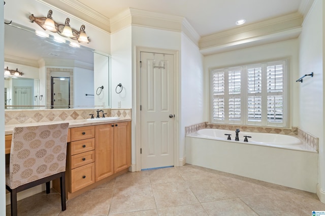 bathroom with a stall shower, ornamental molding, a bath, and tile patterned floors